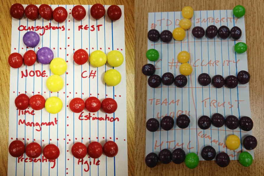 Two completed skittle maps with skittles used to graph confidence against skills, side by side