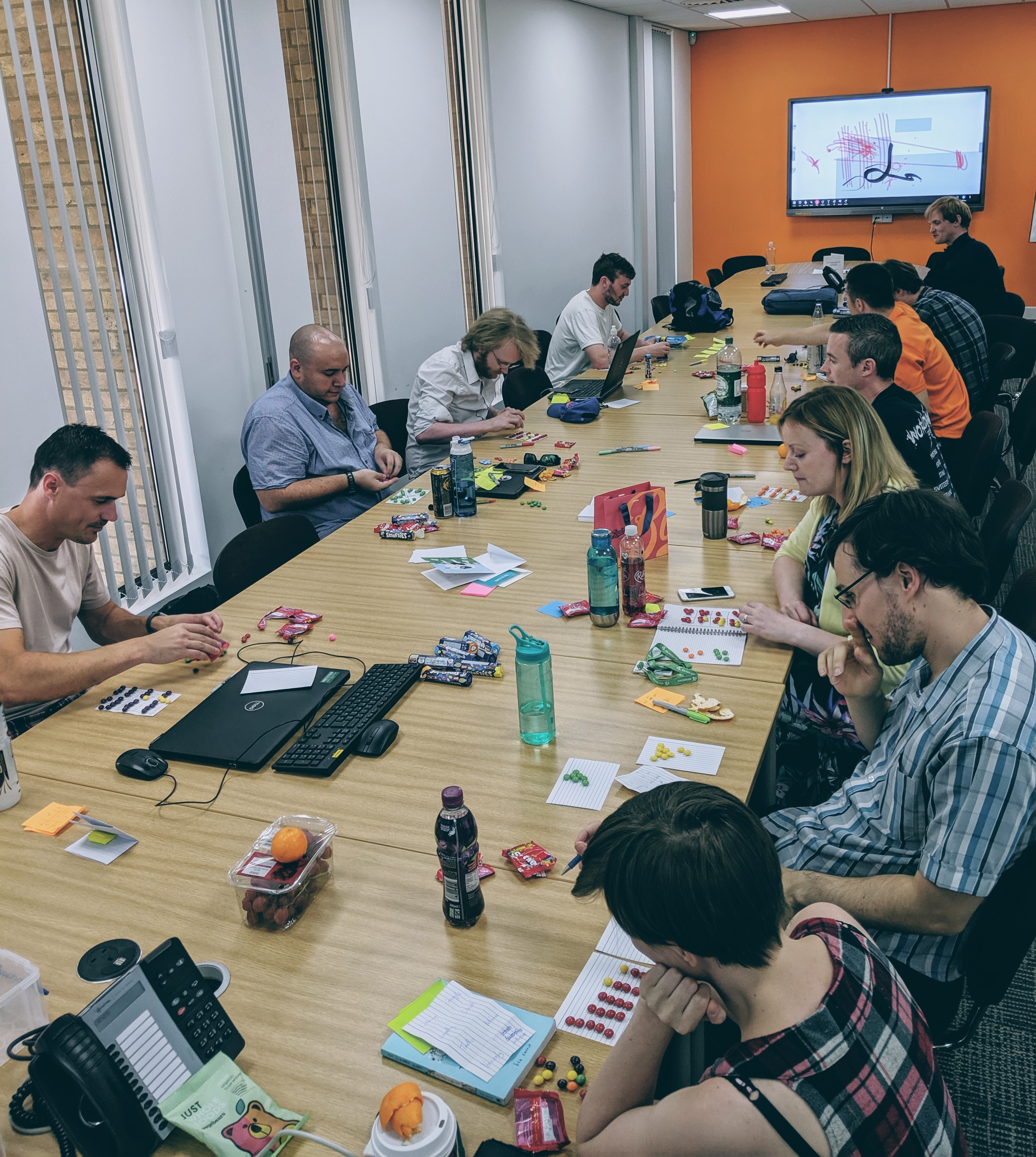 A team of people using the skittle mapping activity