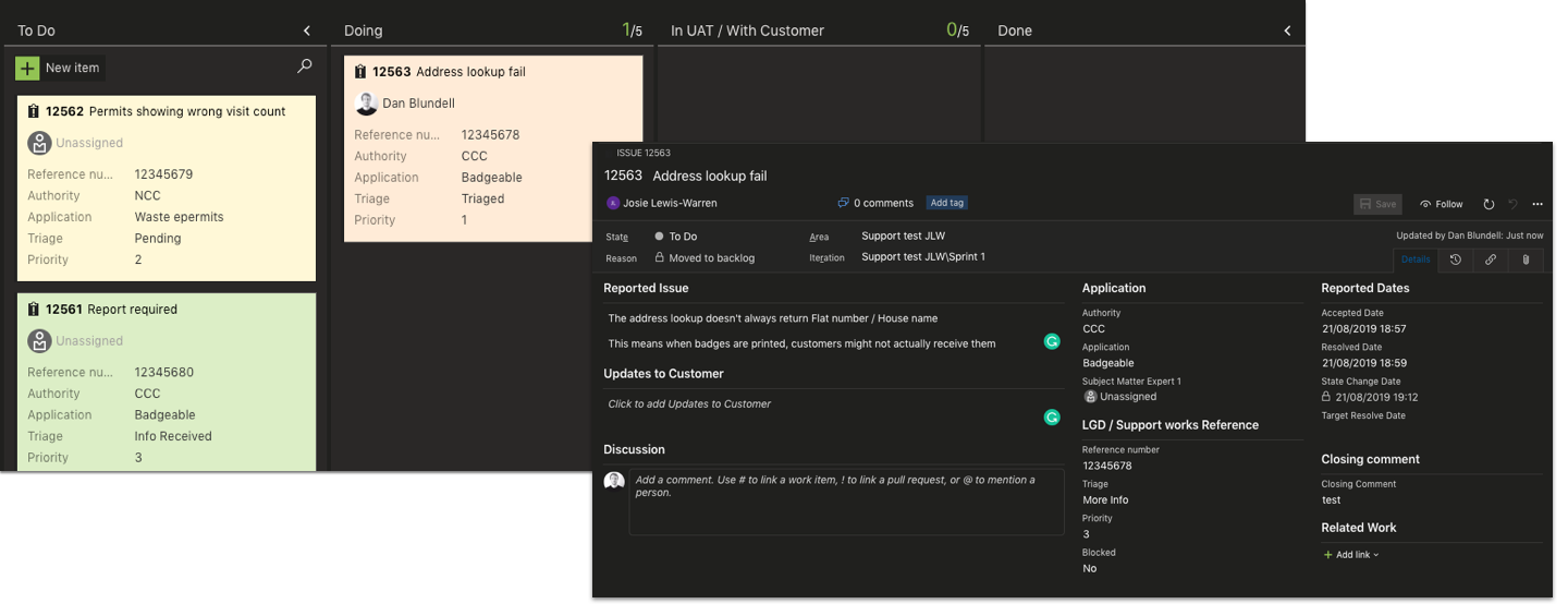 Azure DevOps task board with tasks on it showing 'to do', 'doing', 'done' columns